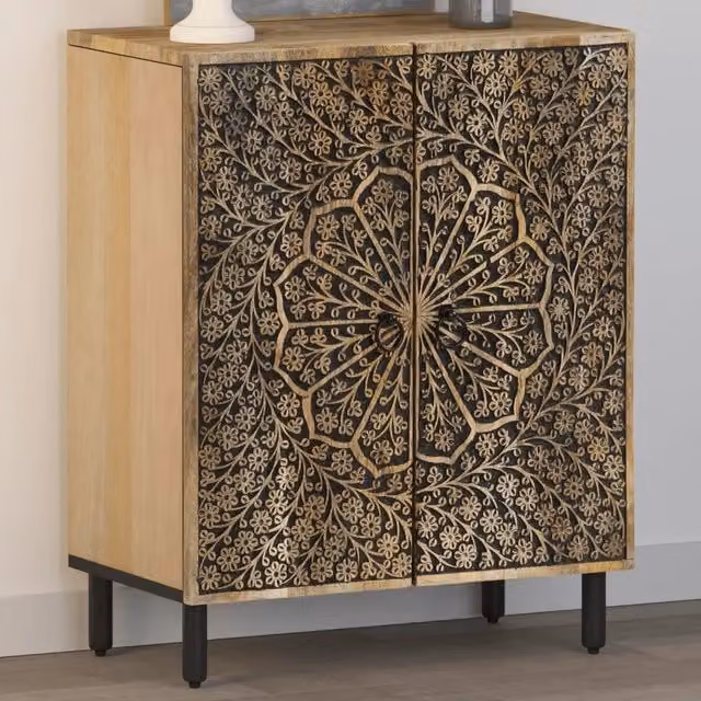 Credenza a parete vidaXL in legno di mango marrone con design retro e decorazioni floreali L: 60 cm, P: 33 cm, H: 75 cm