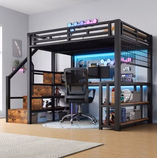Letto a soppalco 140x200 cm con scrivania; LED e contenimento in metallo e MDF nero