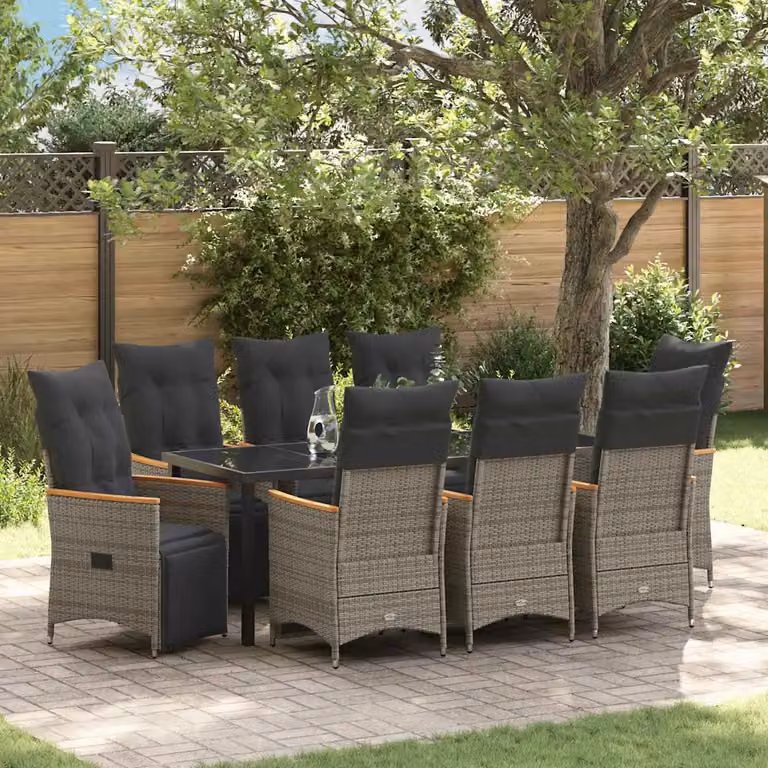 Set da pranzo per giardino e terrazza vidaXL in polyrattan e legno di acacia da 9 pezzi, colore grigio e marrone con piano in vetro