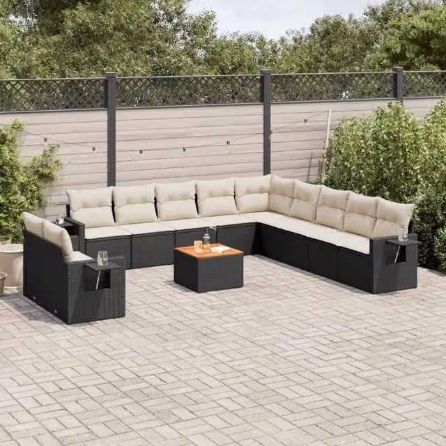 Set di divani da giardino vidaXL a forma di U in polyrattan nero con cuscini e tavolino da esterno