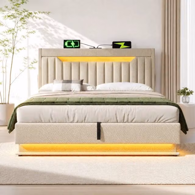 Letto matrimoniale imbottito beige 140x200 cm con contenitore idraulico, illuminazione LED e porte USB/Type-C - senza materasso