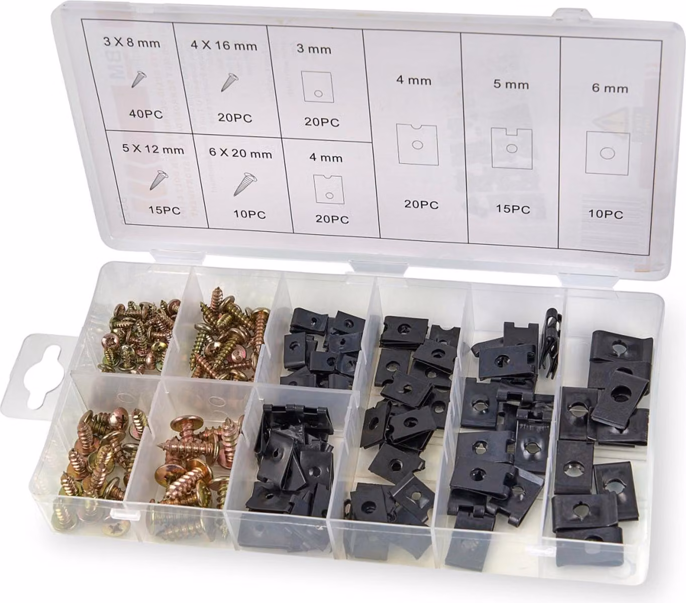 Kit-set assortimento viti per autoveicoli e auto U-clips, incluse 90 di autofilettante testa a croce, dadi a clip a U per carrozzeria 170 pezzi