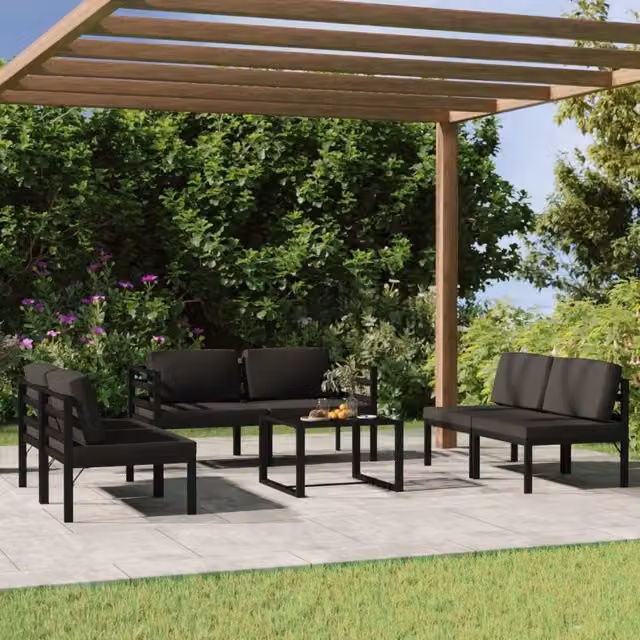 Set da giardino moderno vidaXL composto da 7 pezzi con divani a L, tavolino da caffè e cuscini in tessuto antracite con struttura in alluminio verniciato a polvere – 1