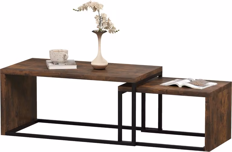 Set di 2 tavolini, tavolino da divano, tavolino, tavolino, varie forme, multifunzionale, elegante, semplice, base in metallo, nero e marrone