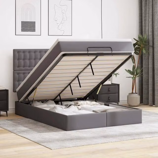 Letto con contenitore a sollevamento e materasso vidaXL in similpelle grigio e bianco L/P/H: 193 x 144 x 128 cm