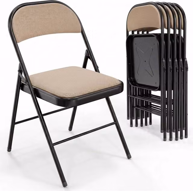 Set di 6 sedie pieghevoli Marvin in metallo imbottite impilabili, colore nero e beige/tortora – 1