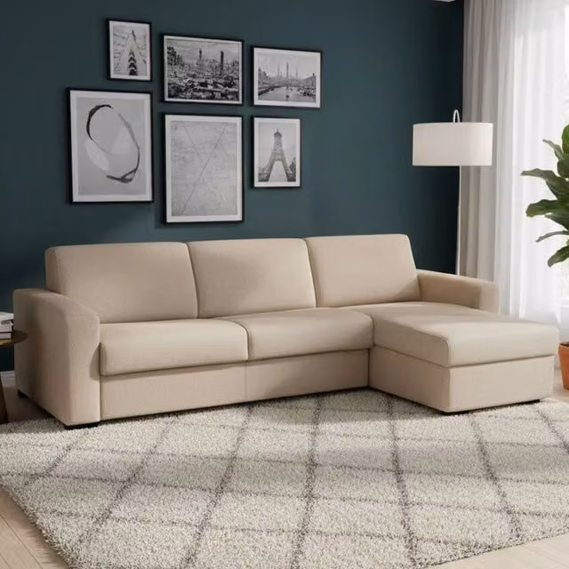 Divano Letto Aika Talamo Italia, Divano ad Angolo con Penisola Contenitore Reversibile e Apertura Girevole, Beige, L: 280 cm, H: 90 cm, P: 95 cm