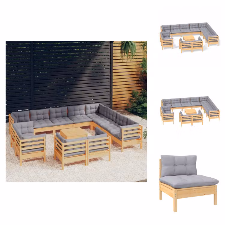 vidaXL Set di 13 pezzi da giardino con cuscini grigi in legno di pino massiccio - Set di mobili da giardino