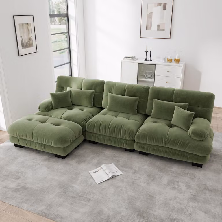 Divano angolare modulare modello "Cloud Couch", poggiapiedi, divano letto profondo, tessuto in chenille (verde)