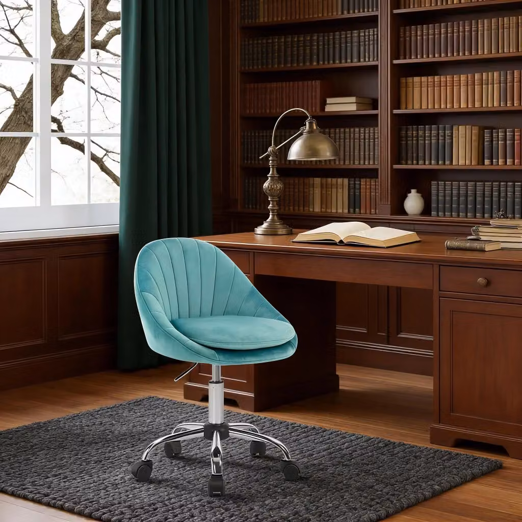 Sedia da ufficio ergonomica in velluto turchese con base in metallo e ruote girevoli a 360 gradi – 2