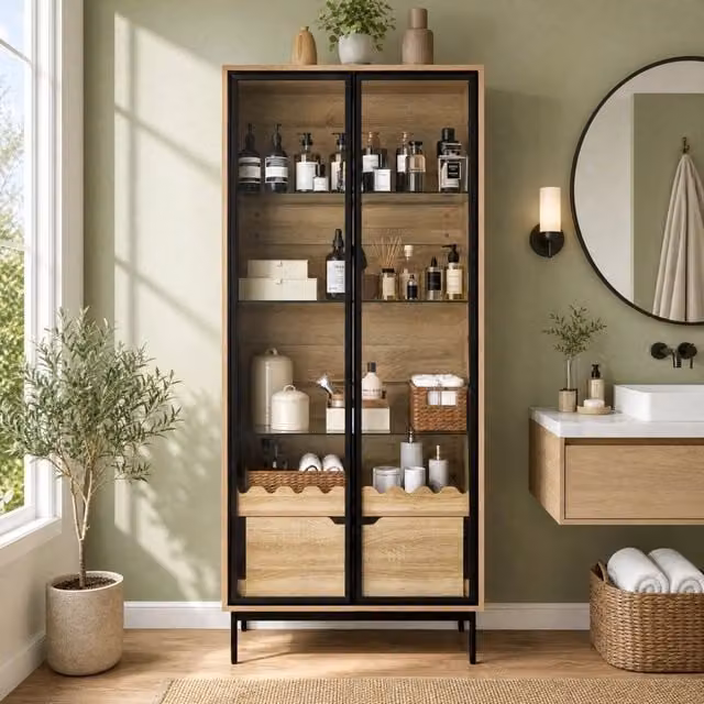 Mobile alto MODFU con ante in vetro e ripiani interni, colori nero, beige e marrone, L: 75.0 cm, P: 35.0 cm, H: 170.8 cm – 1