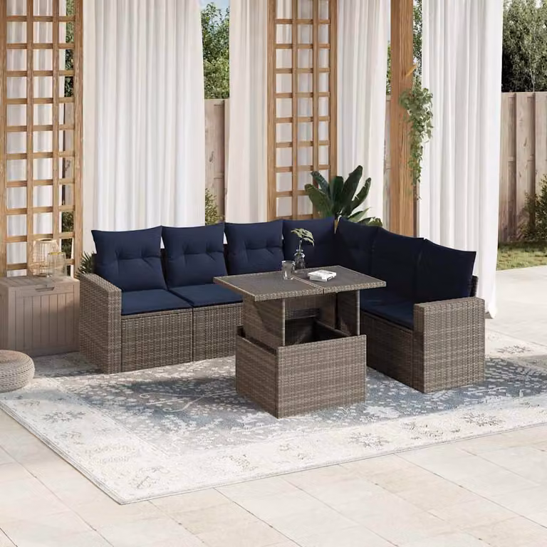 Set Divani da Giardino vidaXL 7 Pezzi in Polyrattan Grigio con Cuscini e Tavolino