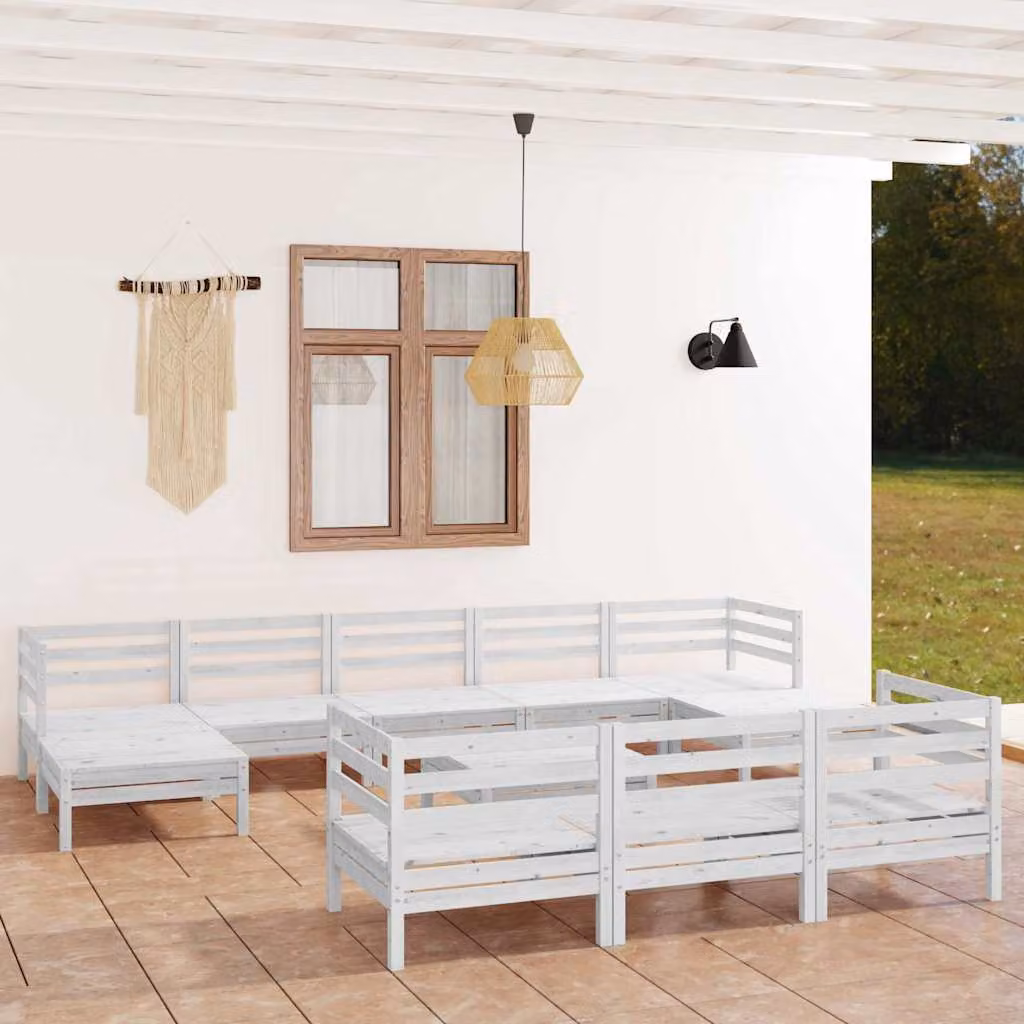 Set Salotto da Giardino vidaXL 11 Pezzi in Legno di Pino Bianco con Cuscini e Design a L