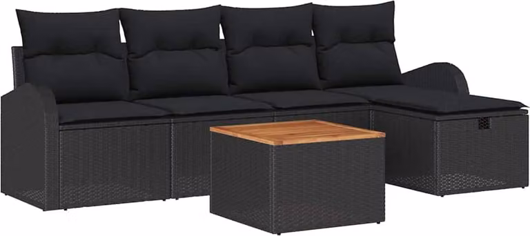 Set Divano da Giardino con cuscino 6 pcs Nero Poly Rattan