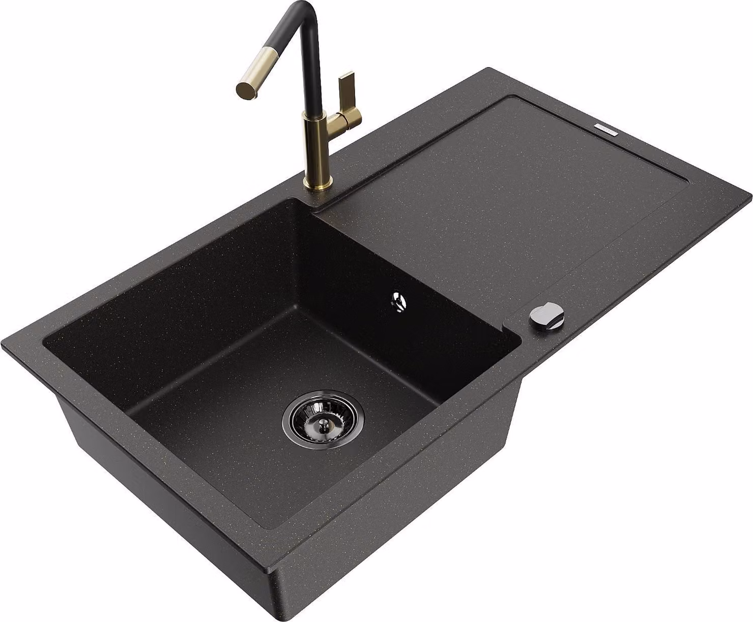 Mexen Leo lavello in granito a 1 vasca con scolapiatti e rubinetto da cucina Flora, nero/oro metallizzato - 6501-75-670401-57-B