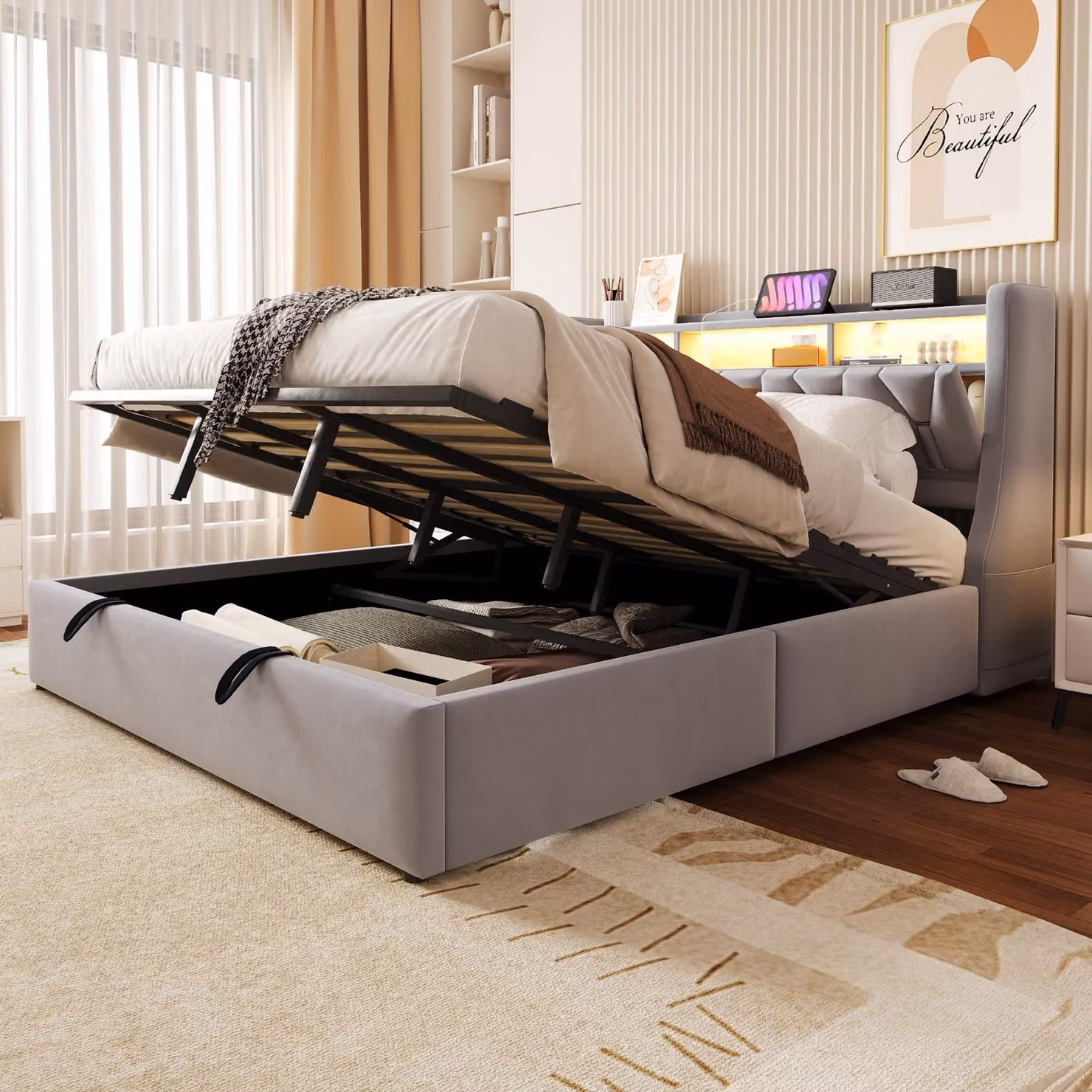 letto imbottito okwish 180x200 con rete e illuminazione a LED, struttura letto per ragazzi con presa e vano contenitore, grigio chiaro (senza materasso)