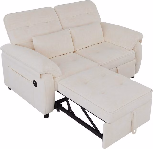 Divano letto 3-in-1 con schienale regolabile, tessuto in chenille beige, 2 posti con funzione letto e 2 cuscini inclusi