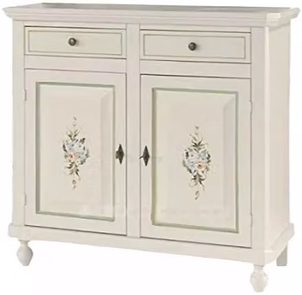 Madia credenza Napoletana Mobili 2G con 2 ante, bianco con decori floreali e profili verdi, L: 104 cm, P: 43 cm, H: 98 cm – 1