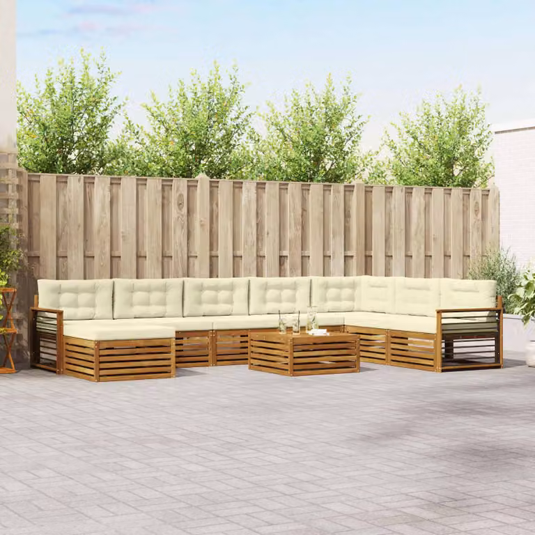 Set di divani da esterno vidaXL 9 pz in legno di acacia con cuscini beige e bianco per giardino e terrazza