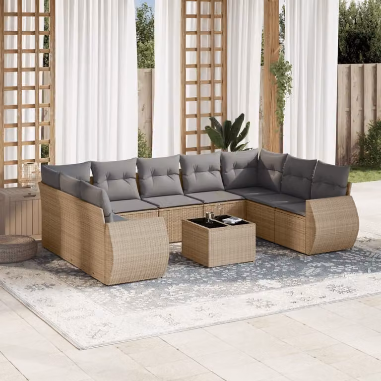 Set Divano da Giardino vidaXL 10 pz con Cuscini Beige e Tavolino in Polyrattan e Acciaio