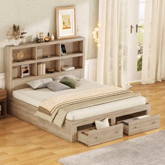 Letto matrimoniale 160x200 cm con testiera contenitore; 6 vani; 2 cassetti e porta USB; colore legno naturale
