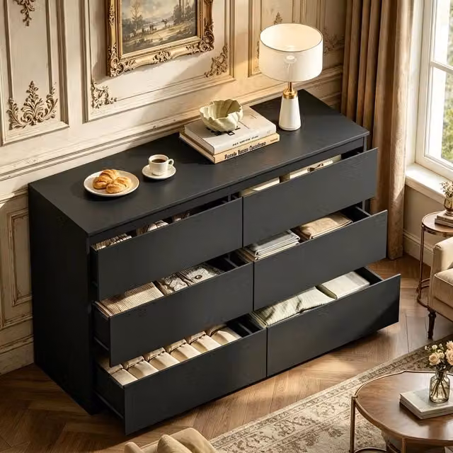Cassettiera con 6 cassetti senza maniglie, finitura melaminica per soggiorno e camera da letto, 120×40×75 cm, nero