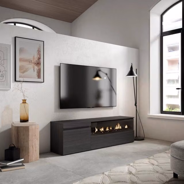 Mobile TV Soggiorno, 150x35x45cm, Per TV fino a 65", Camino elettrico, Nero RF2484