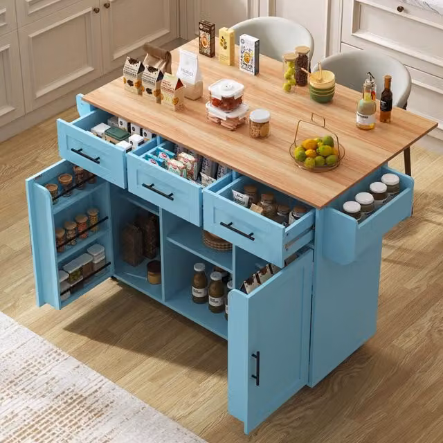 Carrello da cucina con piano pieghevole, MDF blu, 139 x 46 x 91,5 cm, 3 cassetti e ruote