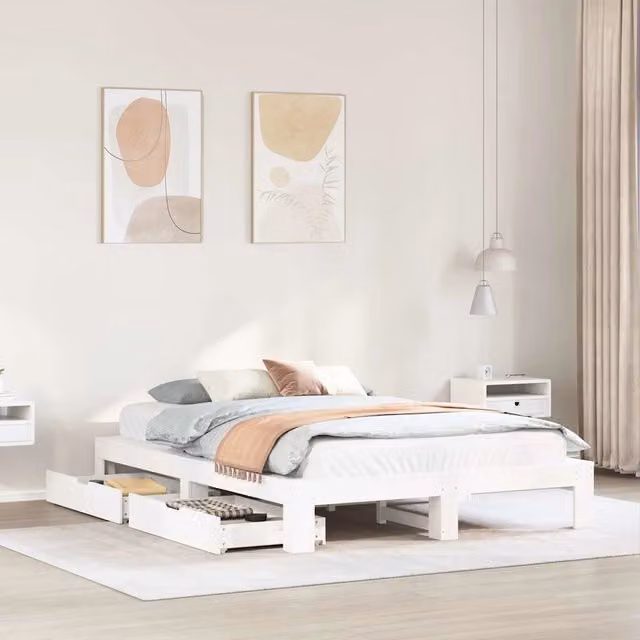 Letto matrimoniale vidaXL in legno massello di pino bianco con cassetti L/P/H: 221.5 x 180 x 171.5 cm