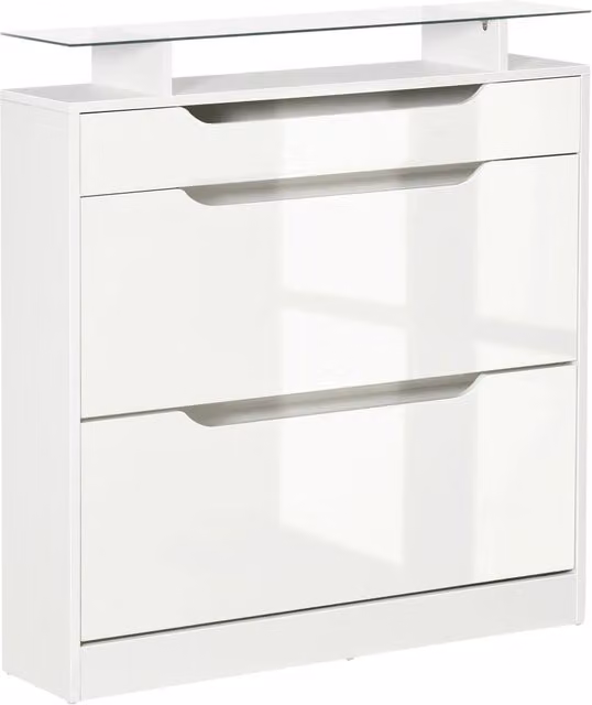 Scarpiera Xylo Bianca con Cassetti e Ripiano in Vetro L: 89 cm, P: 23 cm, H: 96 cm