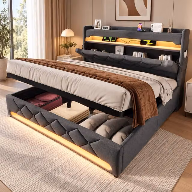 Letto contenitore imbottito 140 x 190 cm; contenitore con sollevamento idraulico; testiera con contenitore; USB/Type-C; LED 360 ; lino; grigio