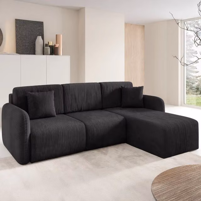 Divano Letto con Penisola Contenitore DMORA, Rivestimento in Tessuto Nero, L/P/H: 245 x 185 cm