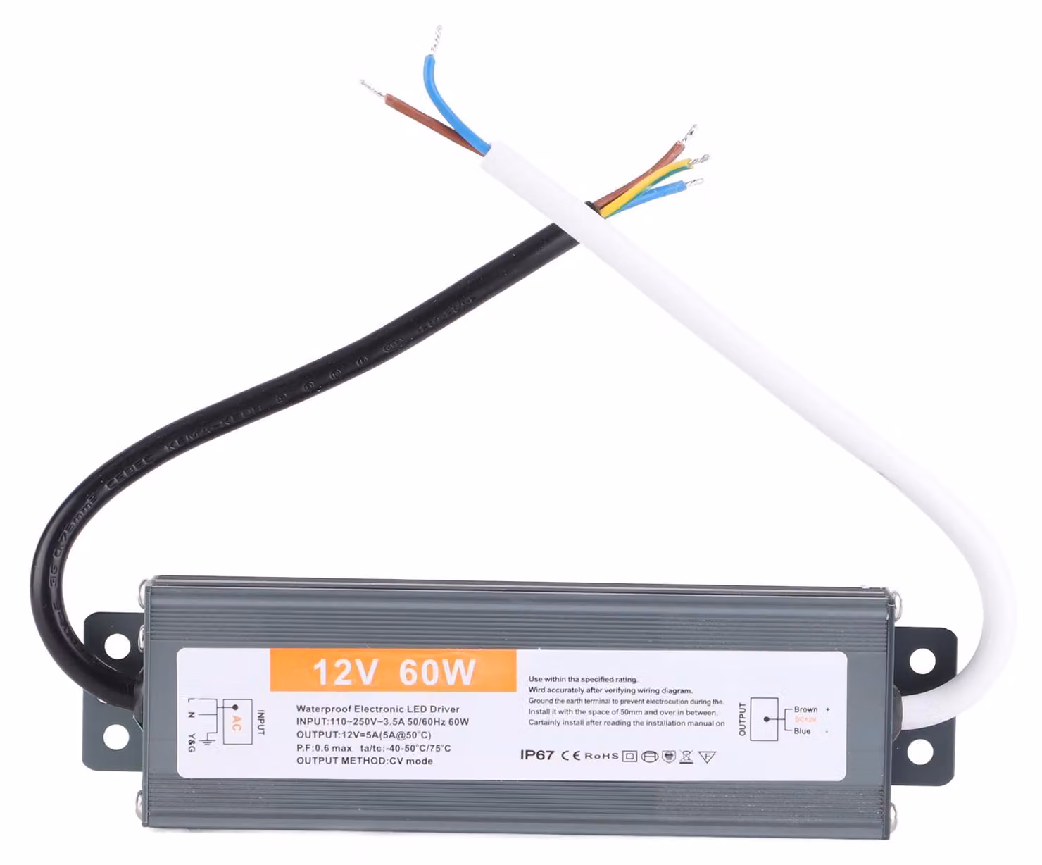 Alimentatore LED ultraleggero e impermeabile da 60W, compatibile con tensione di ingresso AC110250V (50/60Hz) e tensione di uscita DC12V