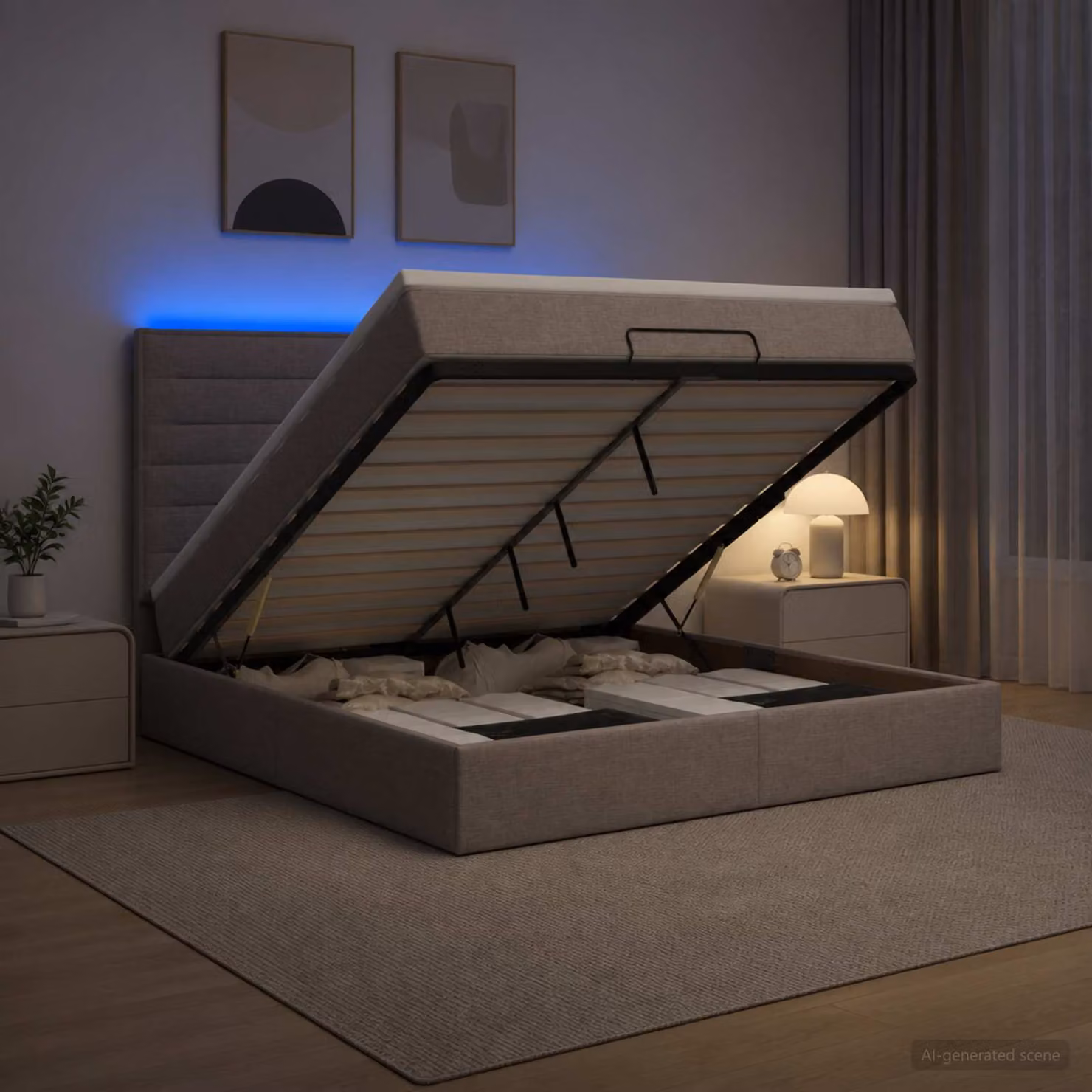 Letto Ottomano con Materasso e Illuminazione LED vidaXL, Colore Beige/Grigio, L/P/H: 140 x 200 x 88 cm