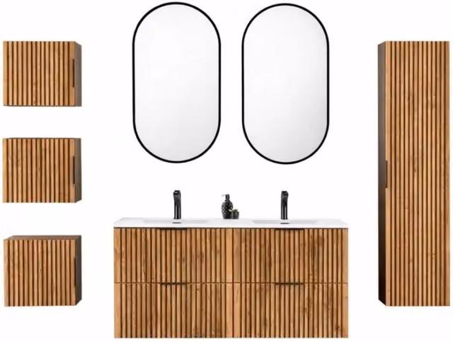 Set KINOKO Meublorama: mobile sottolavabo con doppio lavabo incassato bianco, 2 specchi con illuminazione LED e mobili contenitori per bagno, L: 120 cm – 1