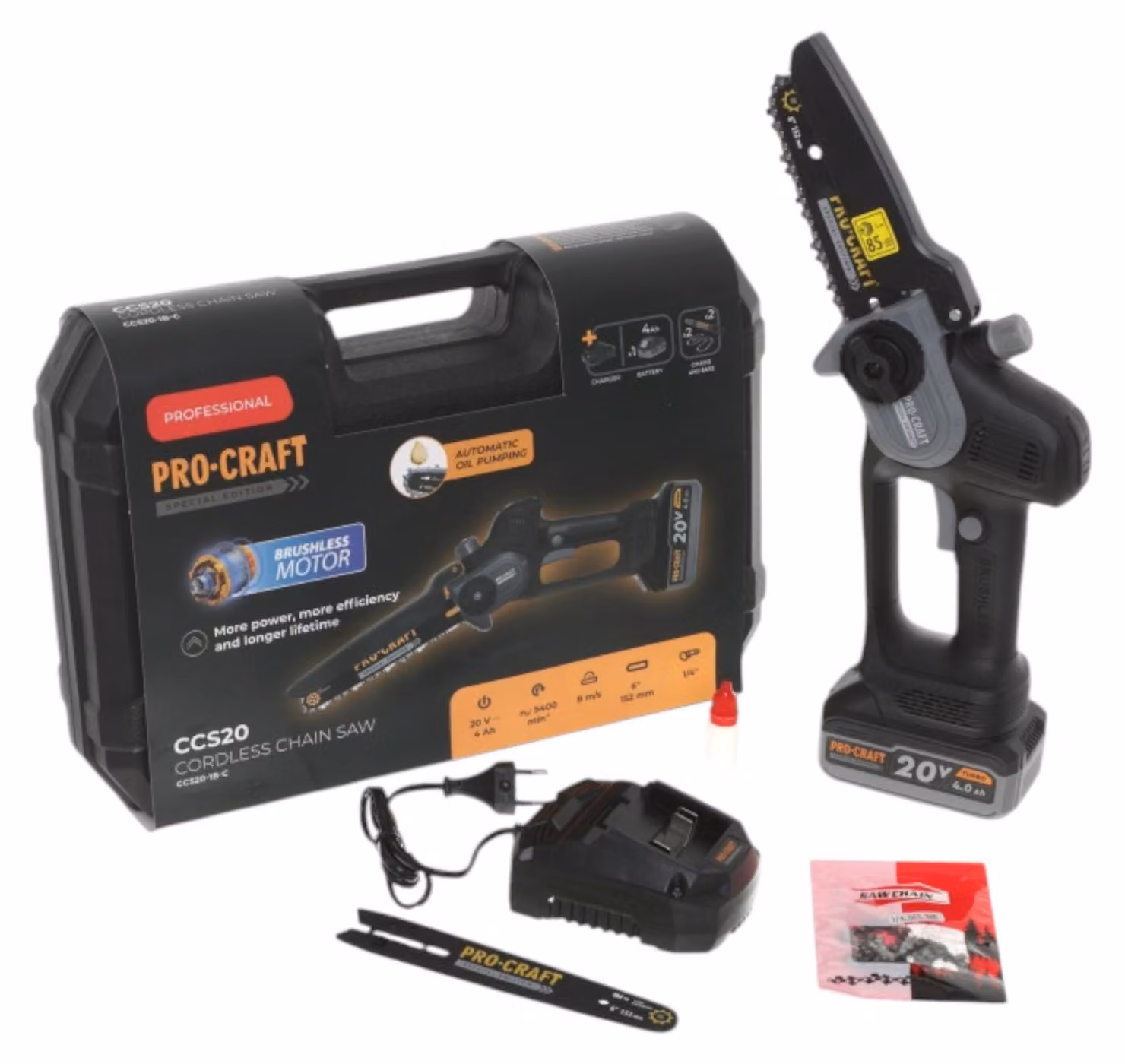Procraft CCS20 Mini sega a batteria per rami 20 V 152 mm Brushless Black Edition + 1 batteria da 4,0 Ah + caricabatterie + valigetta