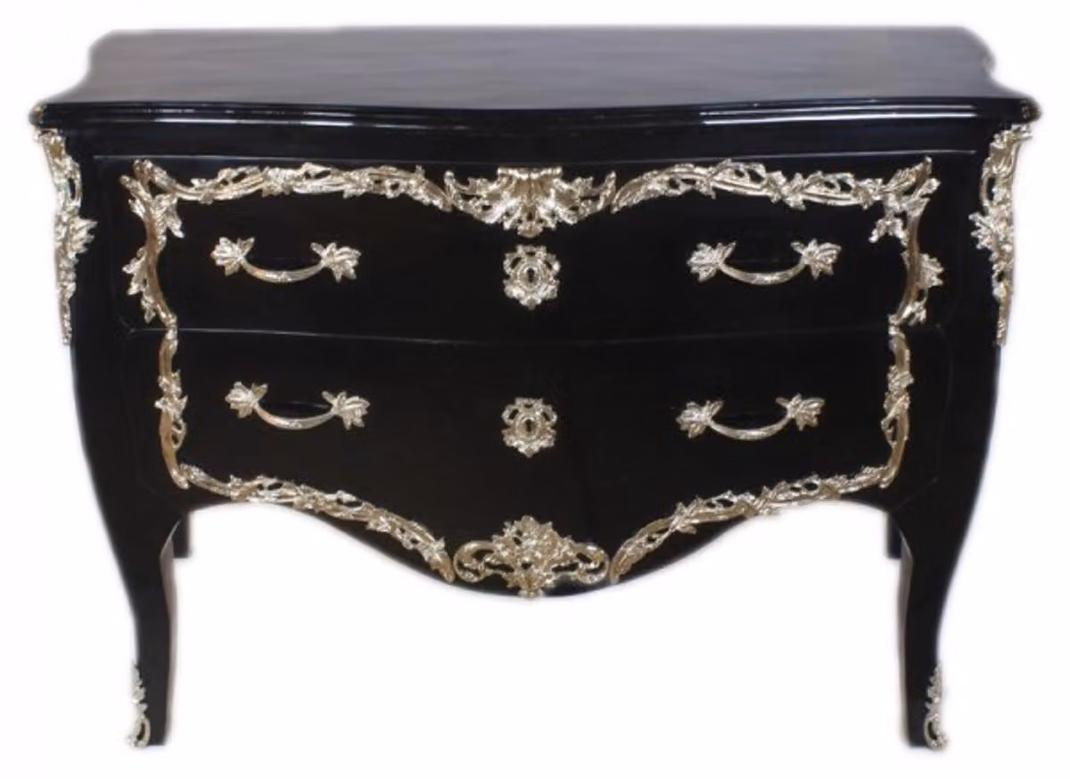 Comò Casa Padrino in stile barocco, finitura nero lucido e dettagli argento, dimensioni 130 x 65 x 90 cm - Comò artigianale in legno massello