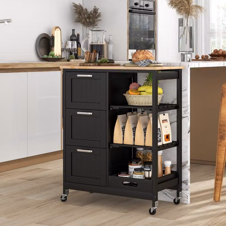 Isola cucina con ruote bloccabili Costway con piano in legno di gomma e 2 ripiani rimovibili, Nero