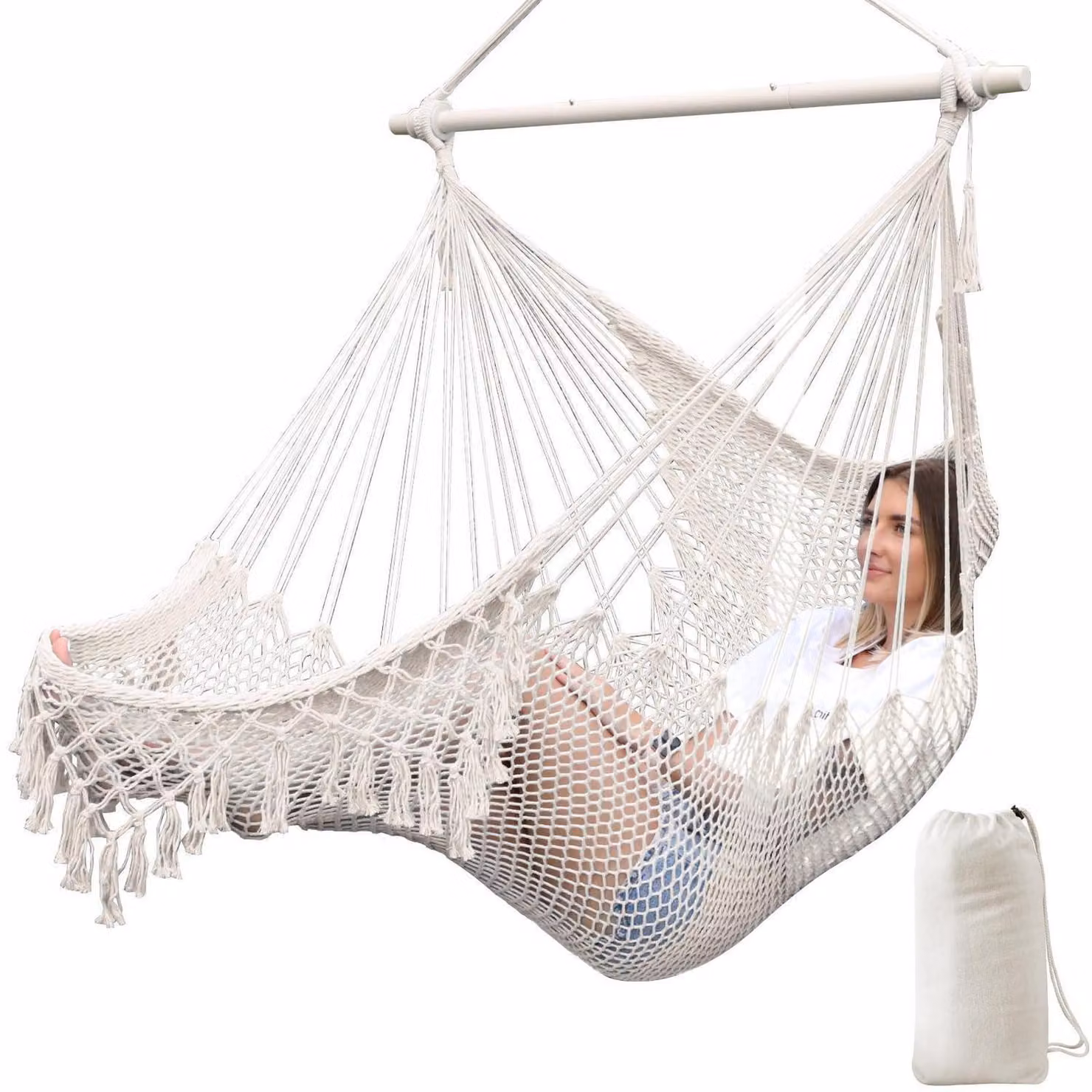 Sedia a dondolo sospesa, realizzata con corda di cotone, dimensioni 240x80 cm, colore bianco, con supporto a barra