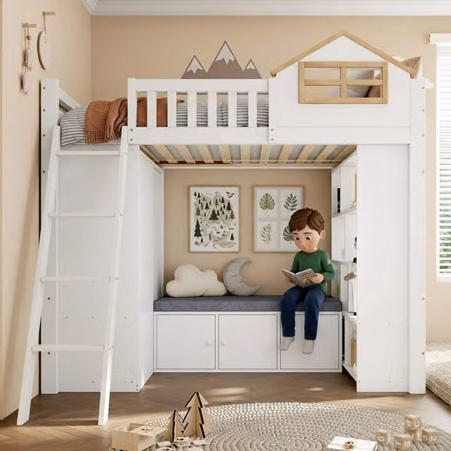 Letto a soppalco bambino 90×200 cm con armadio, ripiani e panca contenitore, senza materasso, legno bianco e naturale