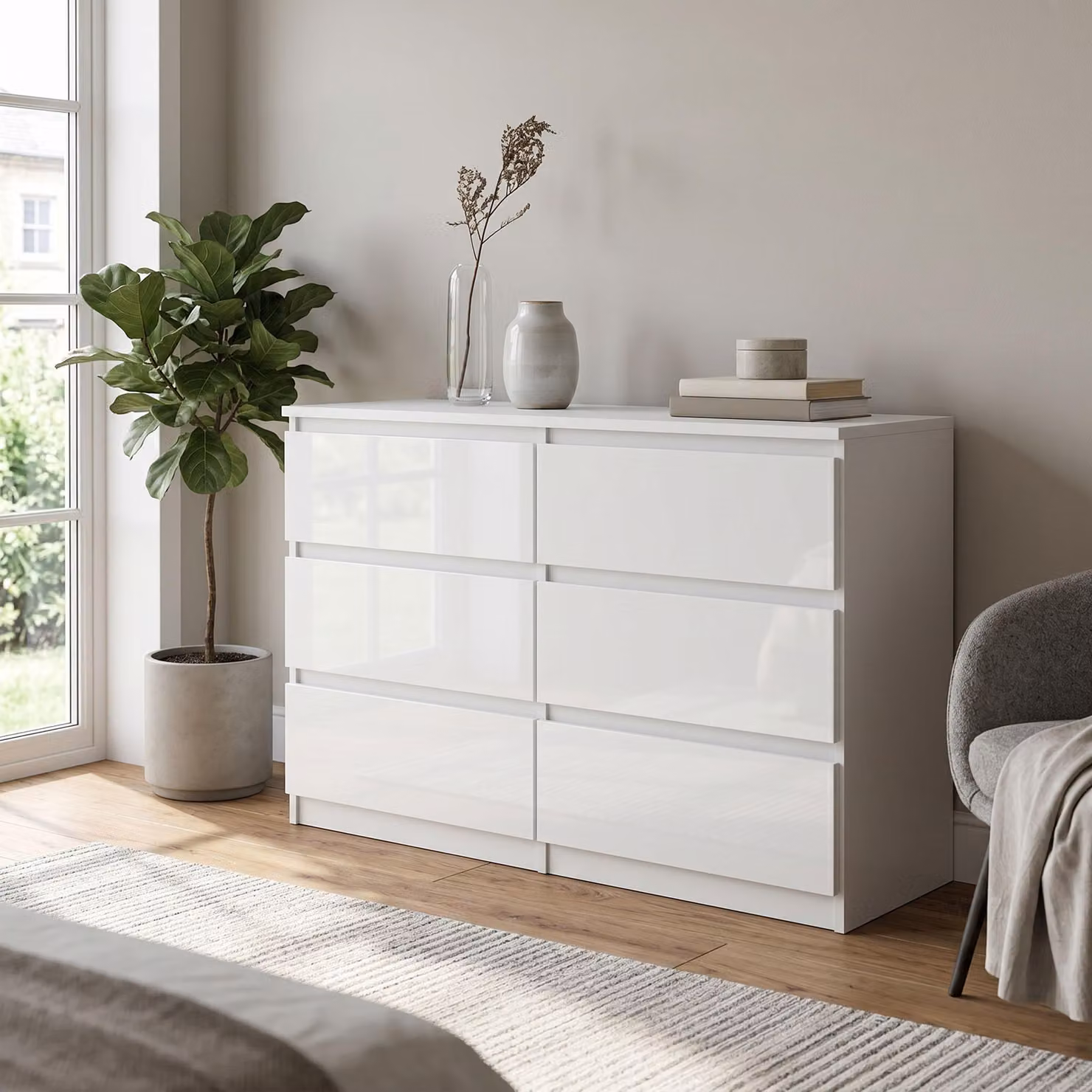 Comodà Masseno NUDO da 138,5 cm con 6 cassetti e ante, per soggiorno e camera da letto, stile moderno, 138,5x39x78,5 cm, bianco / bianco