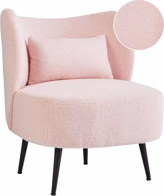 Poltrona Rosa Pastello Boucle Tessuto Morbido Nubby Legno Chiaro Gambe Metallizzate Schienale Curvo Stile Retro Glam Art Decor