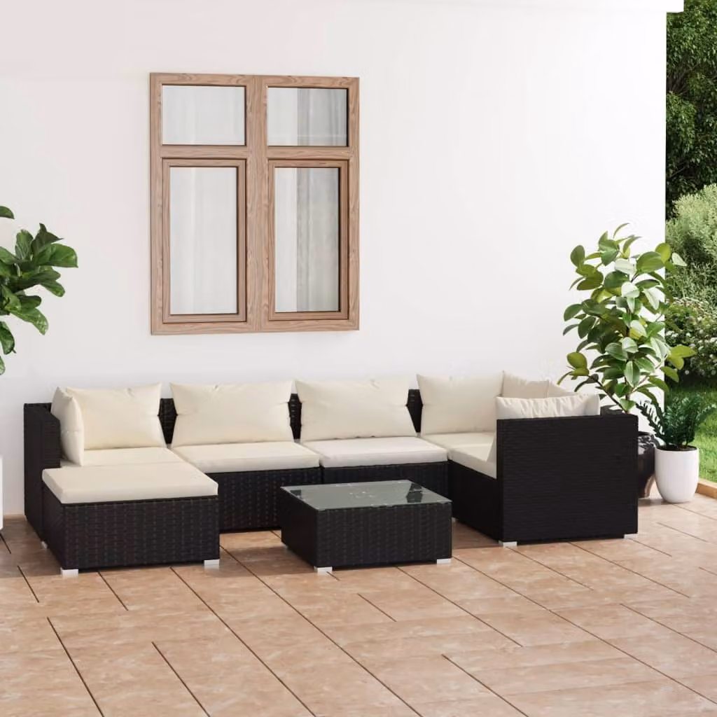 The Living Store Set da giardino 7 pezzi con cuscini in poly rattan nero