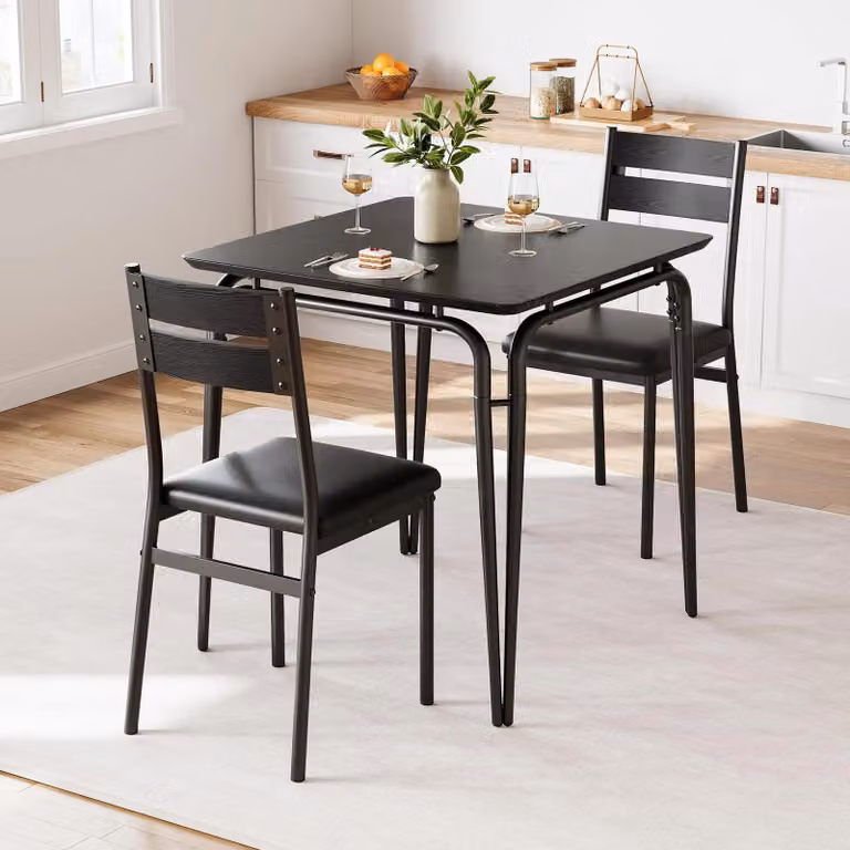 Set da pranzo per cucina - Set da tavolo da pranzo composto da 3 elementi: un tavolo e 2 sedie imbottite - Stile industriale - Design salvaspazio - Struttura in metallo - Colore nero