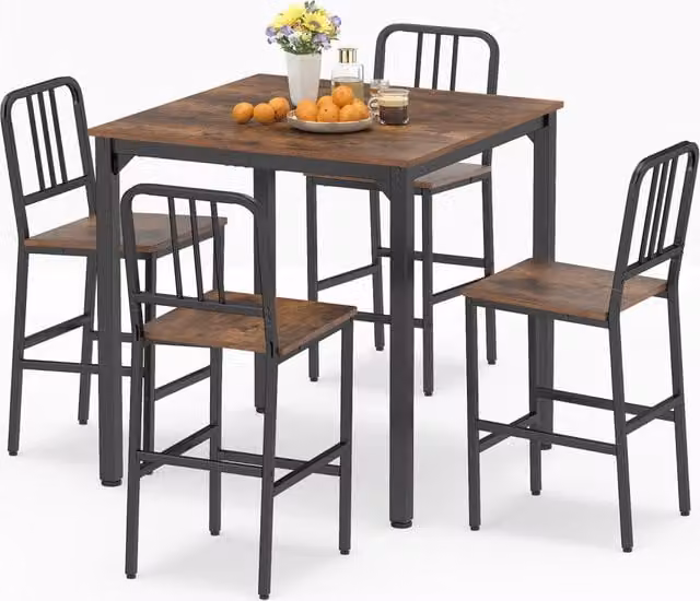 Set da pranzo con tavolo alto per 4 persone con superficie in finto marmo, Set cucina bar 5 pezzi per sala da pranzo Marrone