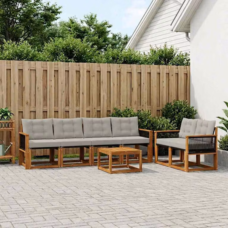 Set di divani da esterno vidaXL 7 pezzi in legno di acacia e textilene, composizione a L con tavolo da caffè, colori beige, grigio e marrone