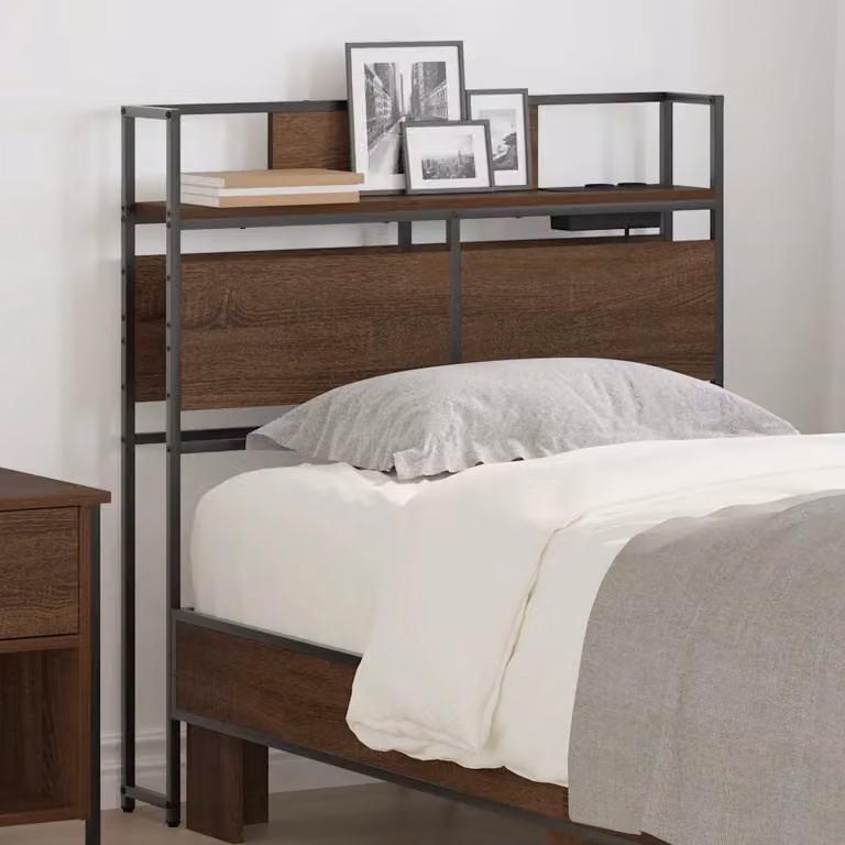 Testata letto con contenitore vidaXL in legno e metallo marrone con ripiano integrato e porta USB, L: 98 cm, H: 80 cm, P: 15 cm