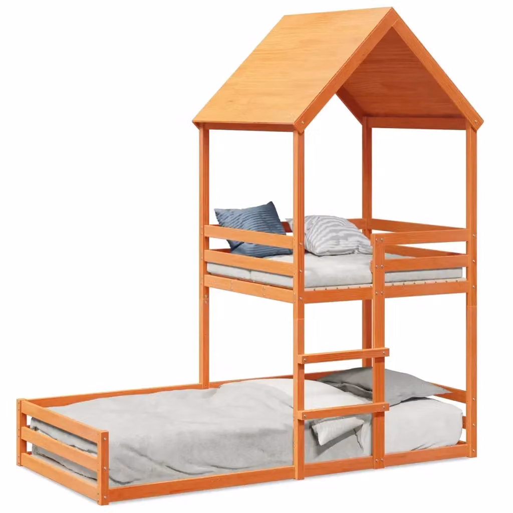 Letto a castello per bambini vidaXL in legno massello di pino con tetto, stile rustico, colore marrone, L/P/H: 200 x 80 x 223 cm – 2