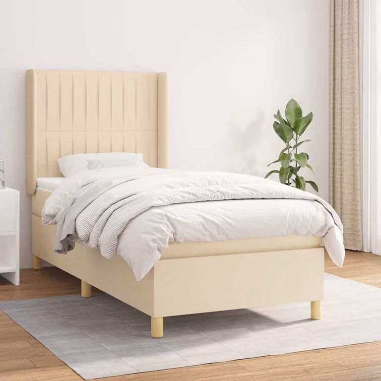 vidaXL Giroletto a Molle Ibrido con Materasso in Tessuto Beige e Bianco L/P/H: 100 x 200 x 128 cm