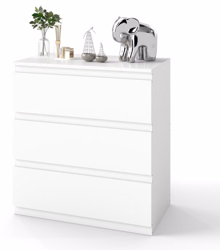 Comodino bianco, dimensioni 70x75x40 cm, con 3 cassetti | Credenza | Mobile multifunzionale